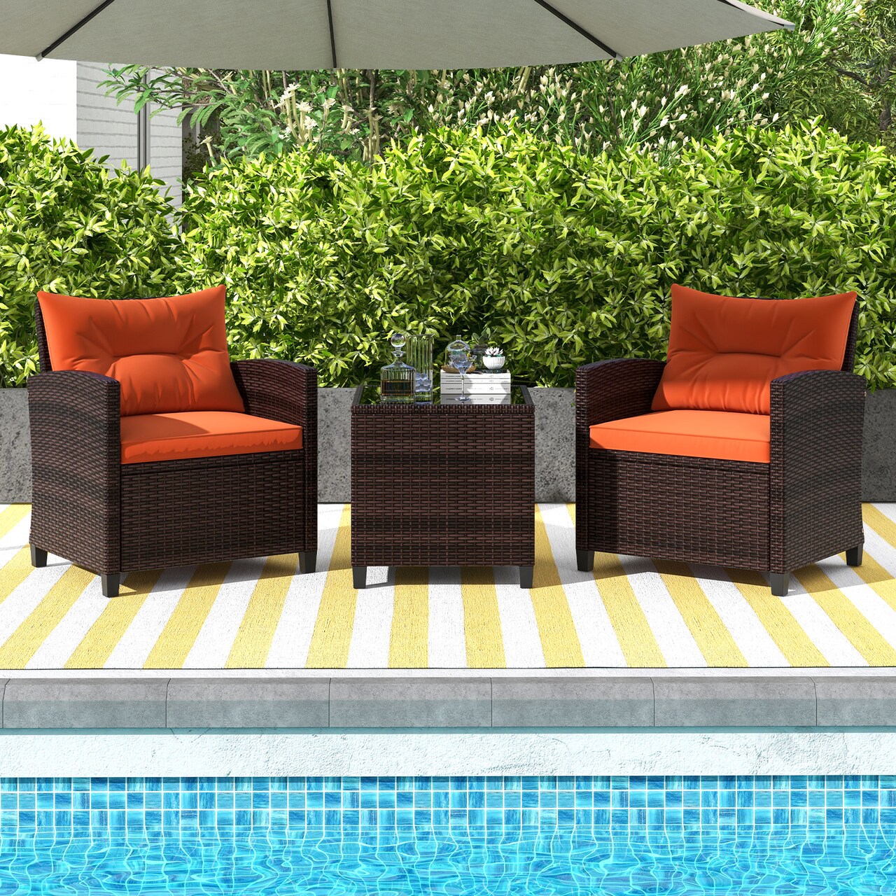 Outdoor 3 Piece Wicker Patio Set with Cushions and Glass Top Table